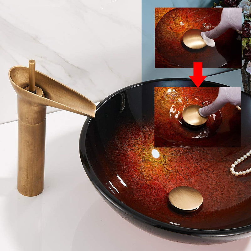 REGALMIX Antique Brass Pop UP Drain, Bathroom Vessel Lavatory Vanity Faucet Sink Stopper, Built-In Anti-Clogging Strainer, Fits Standard American Drain Hole(1-1/2" to 1-3/4")without Overflow, RWF082S