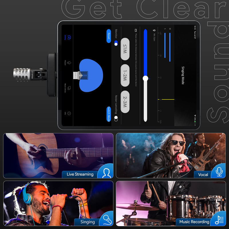 PALOVUE Portable MFi Certified Microphone with Lightning Connector for iPhone iPad, Professional Digital Stereo Cardioid Condenser Mic with Charging Port and 3.5mm Headphones Jack for Recording