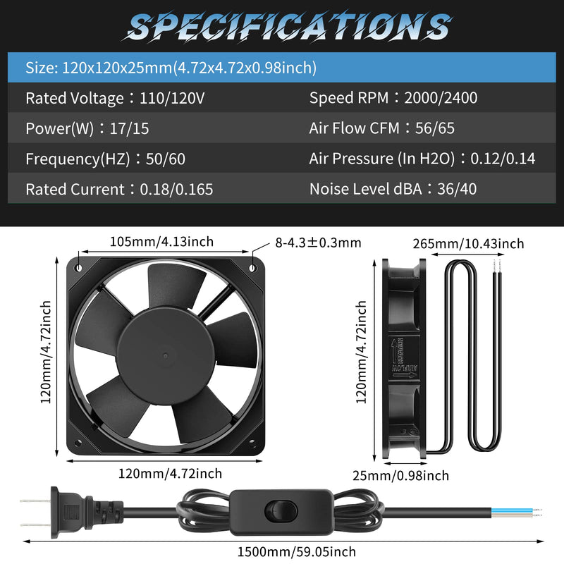 Wderair Metal Axial Muffin Fan AC 110V 120V 120mm x 25mm Dual Ball High Performance Small Box Fan for DIY Cooling Ventilation Exhaust Projects