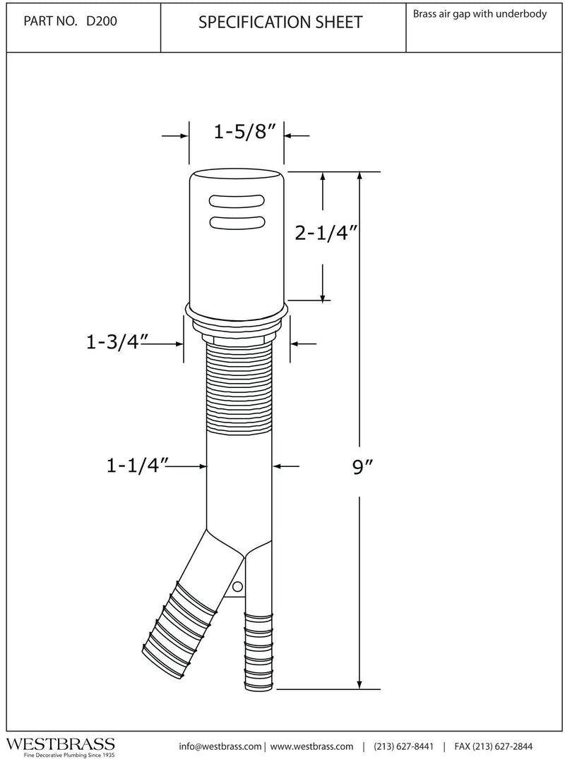 Westbrass D200-20 Air Gap, 2.25x4.00x11.50, Stainless Steel