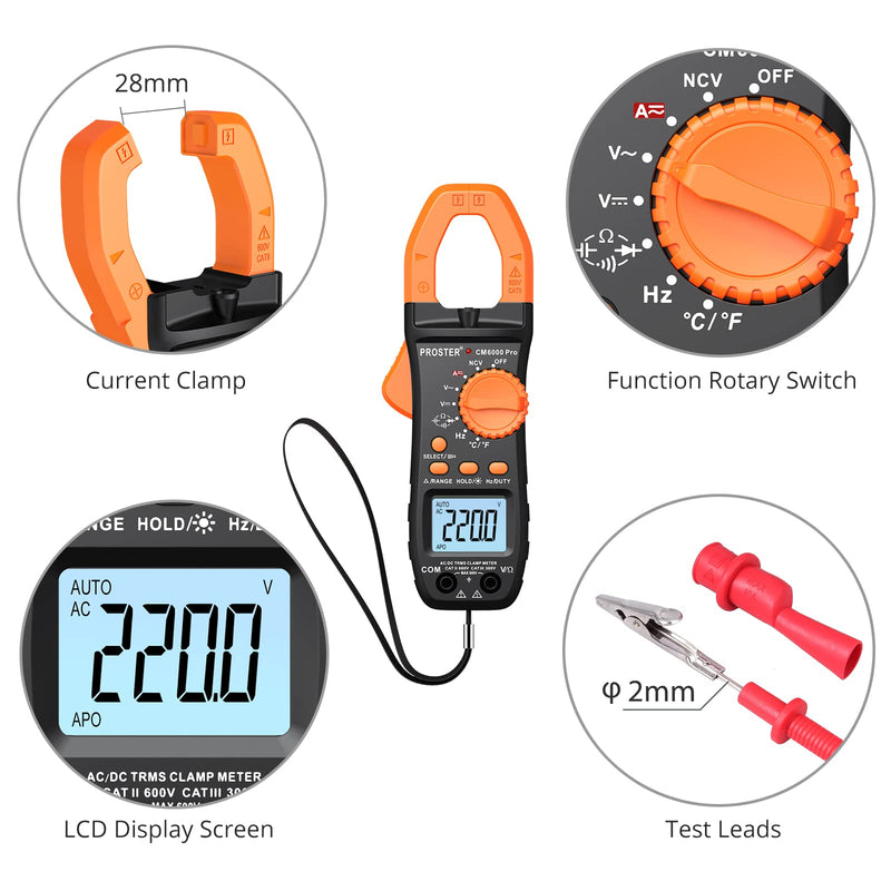 Proster Digital Clamp Meter TRMS 6000counts, 800A DC AC Current AC/DC Voltage NCV Continuity Capacitance Resistance Frequency Diode Hz Test, with1 PairTest Leads 1 Pair Alligator Clips