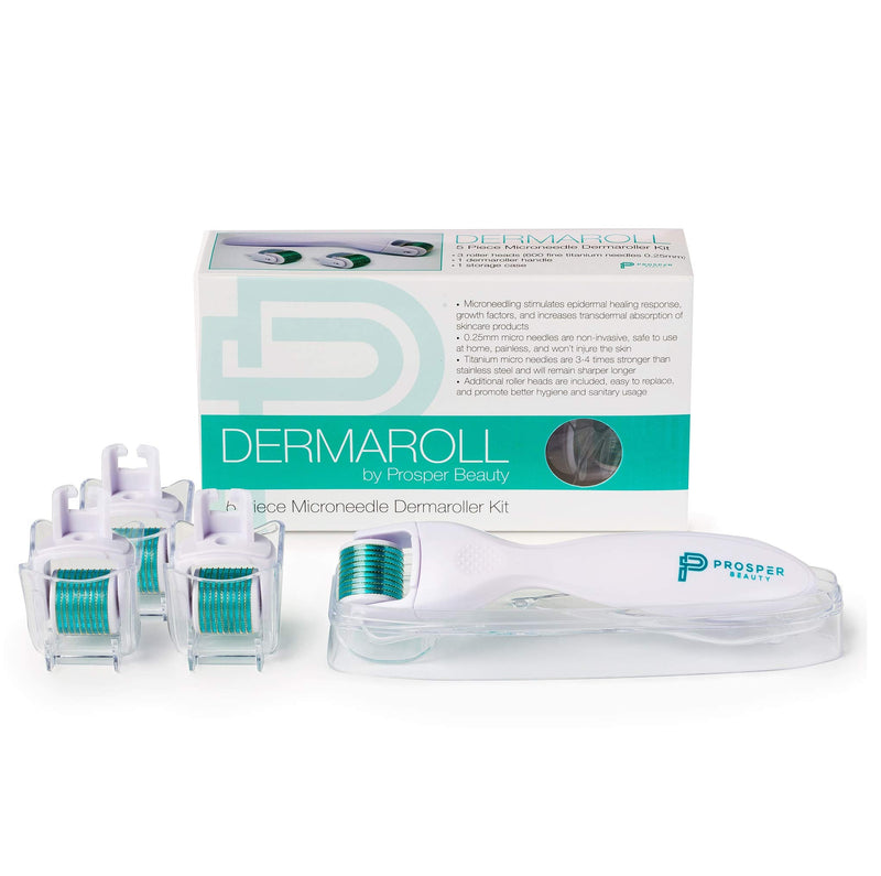 Derma Roller Microneedle 6 Piece Kit [DERMAROLL by Prosper Beauty] Face Roller with 4 Replaceable Heads Exfoliation Microdermabrasion Micro Derma Skin Care Tool Dermaplaning Dermapen Microneedling
