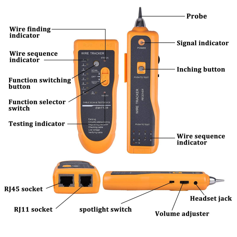 Network Cable Tester, RJ45 RJ11 Multi-Function Wire Tracer and Circuit Tester with Earphone for Cable Collation, Network & Telephone Line Test, Yellow