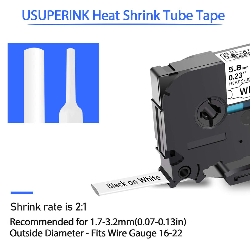 USUPERINK 3 Pack Compatible for Brother HSe-211 HSe211 HS-211 HS211 Black on White Heat Shrink Tube Label Tape use in PT-D400 PT-D450 PT-E300 PT-E500 PT-P750WVP Printer (0.23''x 4.92ft, 5.8mm x 1.5m) 5.8mm (0.23inch)