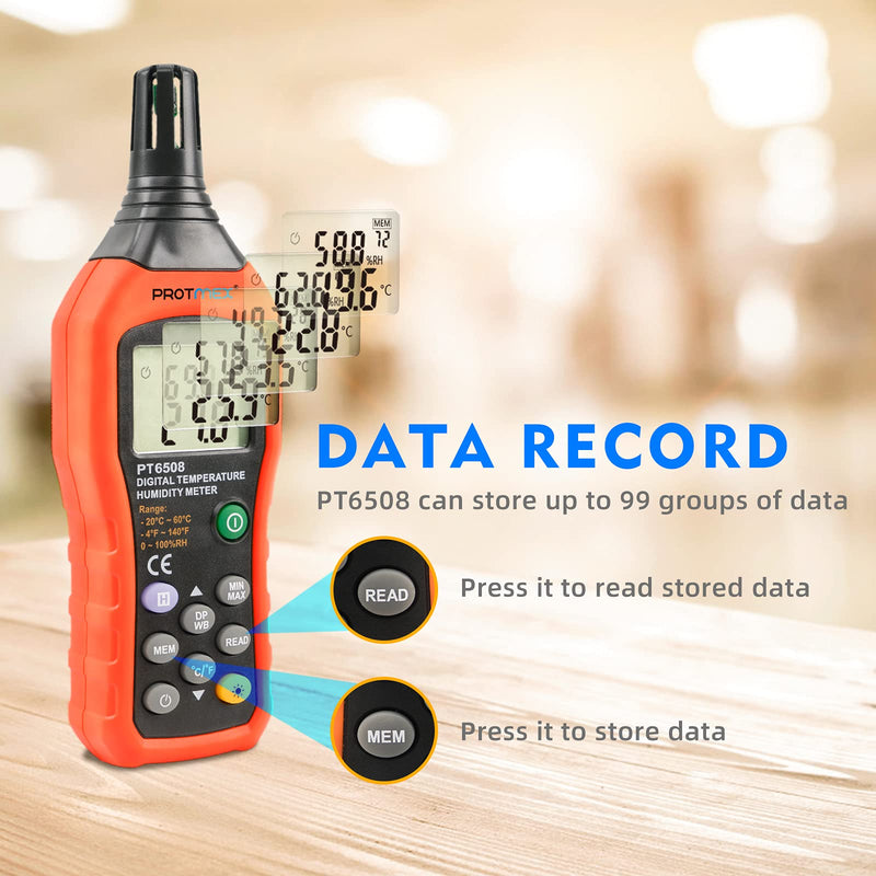 Protmex PT6508 Temperature Humidity Meter Thermometer Hygrometer with Ambient,Dew Point, Wet Bulb for Indoor and Outdoor, Min/Max Hold, LCD Backlight