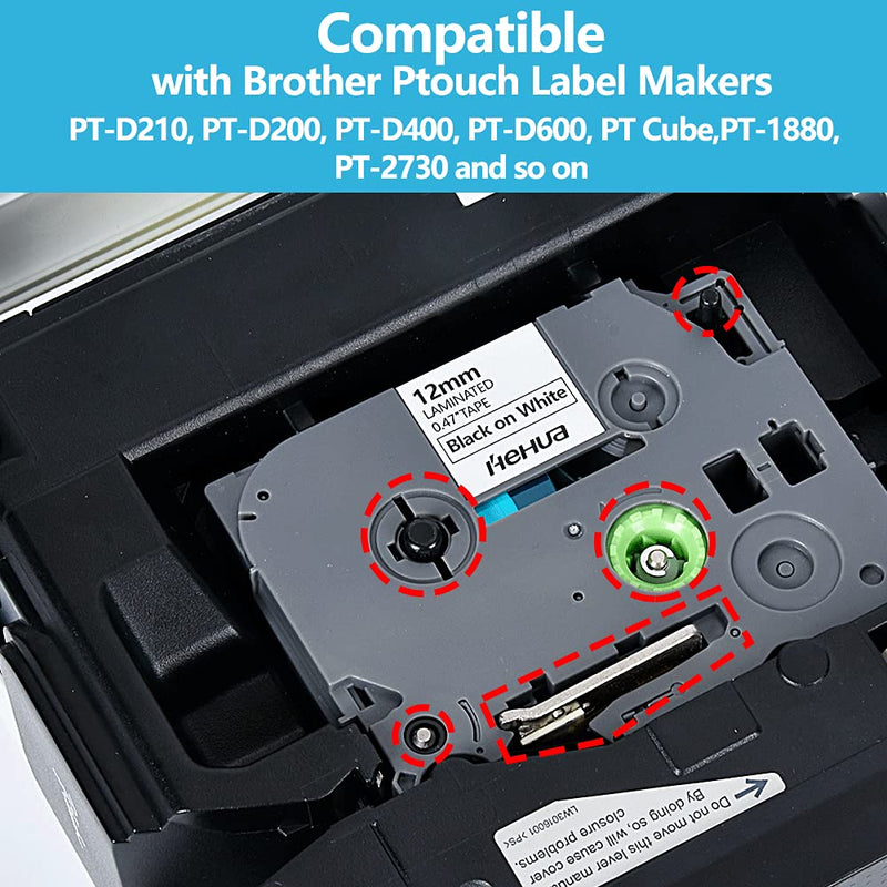 Hehua Compatible Label Tape Replacement for Brother Label Maker Tape TZe-231 TZe335 TZe431 TZe531 TZe631 TZe731 12mm 0.47 Laminated ( Black on White/Red/Yellow/Blue/Green/White on Black , 6 Pack )