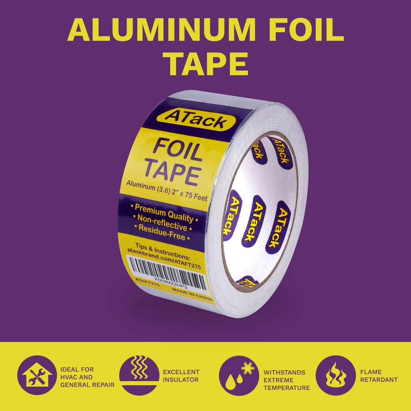 ATack Aluminum Foil Reflective Duct Tape, 2 Inches x 75 Feet, 3.6 mil, High Temp and Heavy Duty Metal Aluminum HVAC Tape for Duct Work, Furnace, AC Units and Metalworks