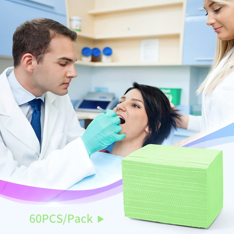 60 PCS Disposable Dental Bibs Waterproof Polyback Towel Tattoo Tray Covers, 3 Ply Dental Napkins Patient Bib Lap Cloths - Sturdy and Leakproof|13" x 18"|Green Green