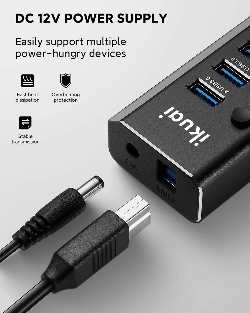 Powered USB Hub 3.0 ikuai Aluminum 10 Port USB 3.0 Data Hub Splitter with 12V/3A 36W Power Adapter and Individual On/Off Switches for Desktop PC Laptop and More