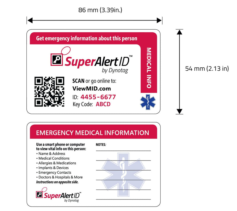 Dynotag SuperAlert™ Smart Medical ID with Detailed Online Profile; Wallet and Keychain Card kit with Lifetime Subscription