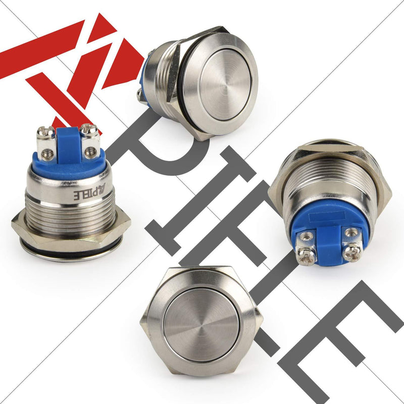 (Pack of 2) 19mm Momentary Push Button Switch Waterproof Stainless Steel Metal Flat Top 12V 24V 36 DC 110V 250V AC 5A 1NO SPST Screw Terminal APIELE Flat Round