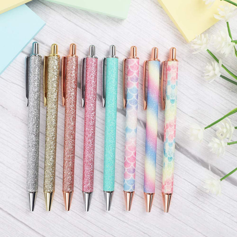 JPSOR 8pcs Glitter Cute Ballpoint Pens for Women, Sparkly Rose Gold Click Ball Pens, Metal Retractable Pen, With 8 pcs Replacement Refills, Black Ink, Medium Point 1mm, School and Office Supplies