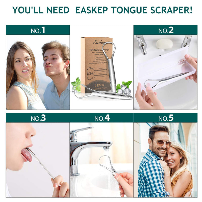 2Pack Tongue Scraper Cleaner for Adults - Easkep Fights Bad Breath 100% Stainless Steel Tongue Scrapers Cleaners with Travel Case Professional Tongue Cleaners for Adults Men Women Kids