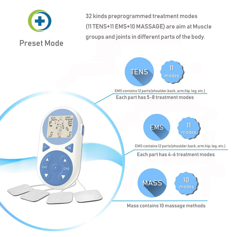 TENS Unit Muscle Stimulator EMS Pulse Massager 2020 Upgrade 3-in-1 Combination with Independent 2 Channels, 32 Preset&2 Manual Modes Professional Handheld Electrotherapy Device for Body Pain Relief