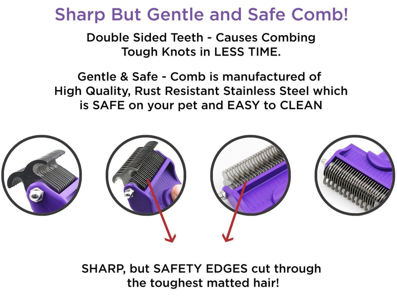 Dematting Comb with Double Sided Professional Rake By Hertzko - Suitable for Dogs and Cats - Removes Loose Undercoat, Tangles, Mats and Knots - Great Grooming Tool for Brushing and Deshedding