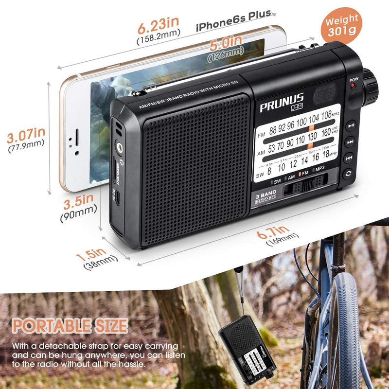 PRUNUS J-01 Portable Radio AM FM Shortwave Radios with Best Reception,Transistor Radios Rechargeable Battery Operated Electric Radio Support TF Card MP3 Play & Large Buttons and Large Dials