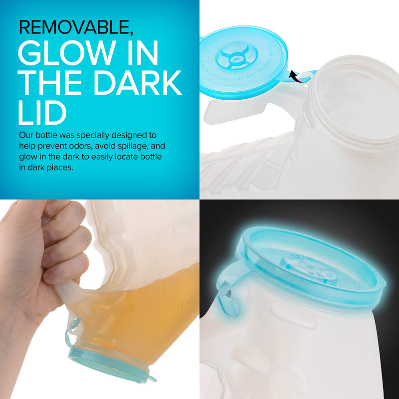 Male Urinal with Glow in The Dark Lid (2 Bottles) 32 Oz Urine Bottles for Men - Pee Bottles for Hospitals, Emergency and Travel 2 Count (Pack of 1)