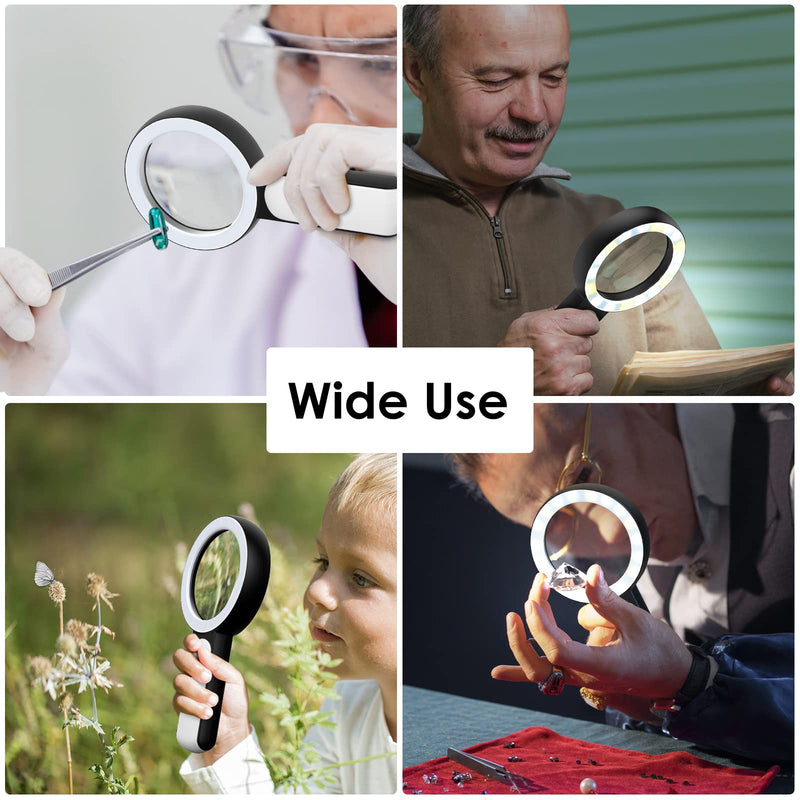 MoKo Magnifying Glass with Light, 30X Handheld Large Magnifying Glass 18LED 3 Modes Illuminated Lighted Magnifier for Elderly Kids Reading, Magazines, Coin, Jewelry, Exploring Inspection, Black