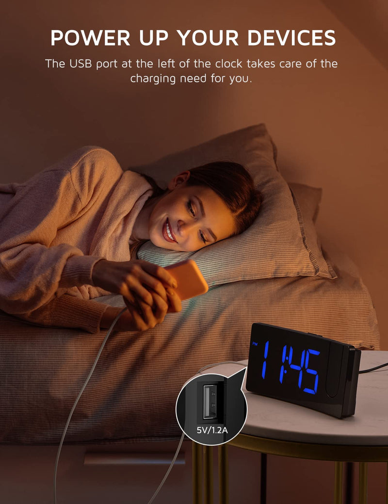 Projection Alarm Clock, Digital Clock with 180° Rotatable Projector, 3-Level Brightness Dimmer, Clear LED Display, USB Charger, Progressive Volume, 9mins Snooze,12/24H, Digital Alarm Clock for Bedroom Blue Digit+blue Projection