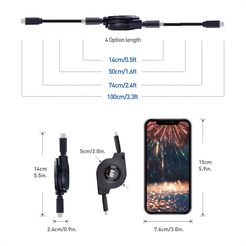 Cable Matters Short Retractable USB C Cable (Short USB C to USB C Retractable Cable) - 3.3 Feet
