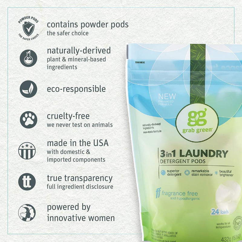 Grab Green Natural 3 in 1 Laundry Detergent Pods, Free & Clear/Unscented, 24 Loads, Fragrance Free, Organic Enzyme-Powered, Plant & Mineral-Based, 13.5 Ounce 24 Count (Pack of 1)