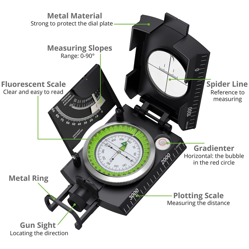 Proster IP65 Compass with Sighting Clinometer Professional Military Compass Metal Camping Compass Waterproof with Carry Bag for Camping Hunting Hiking Geology Activities Black Compass