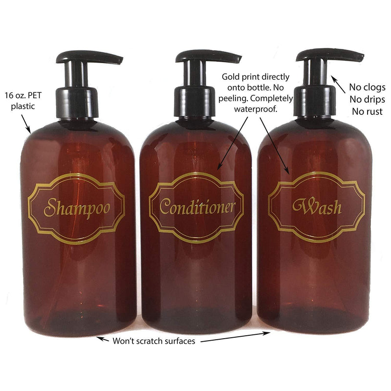 Bottiful Home-16 oz Amber Shampoo, Conditioner, Wash Shower Soap Dispensers-3 Refillable Empty PET Plastic Pump Bottle Shower Containers-Printed Design-Waterproof, Rust-Free, Clog-Free, Drip-Free Amber/Gold/Black