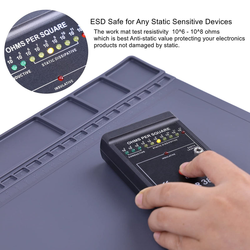 Anti-Static Mat ESD Safe for Electronic Includes ESD Wristband and Grounding Wire, HPFIX Silicone Soldering Repair Mat 932Â°F Heat Resistant for iPhone iPad iMac, Laptop, Computer, 15.9â€ x 12â€ Grey