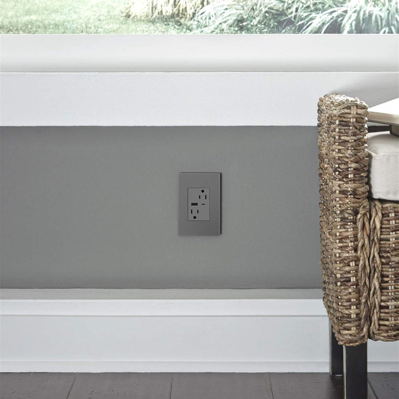 adorne Dual-USB, 15A, Ultra-Fast Charge, 6 Amp, Type A/C, USB, Hybrid Outlet, Magnesium, ARTRUSB156ACM4 Without Wall Plate