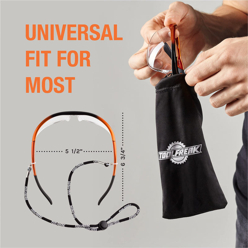 ToolFreak Agent Safety Glasses, Wraparound Lens, U6 UV and Impact Rating to ANSI z87.1, Pouch and Neck Cord Clear Lens