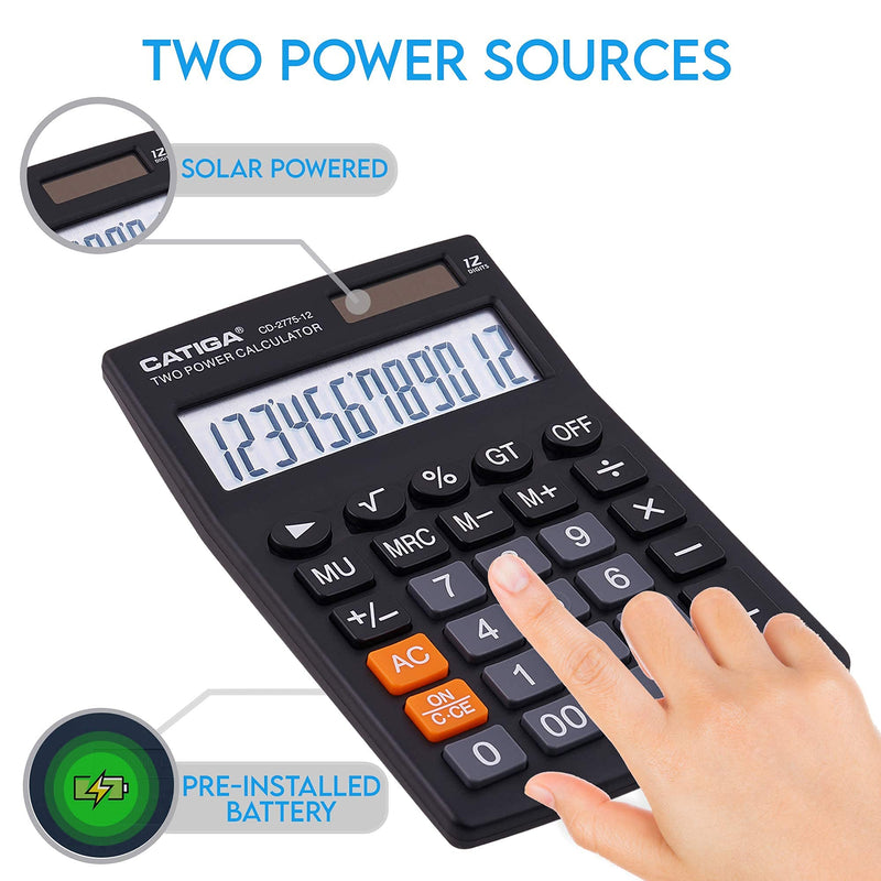 Desktop Calculator with 12 Digit LCD Display Screen, Home or Office Use, Easy to Use with Clear Display/Memory Functions, CD-2775 Black