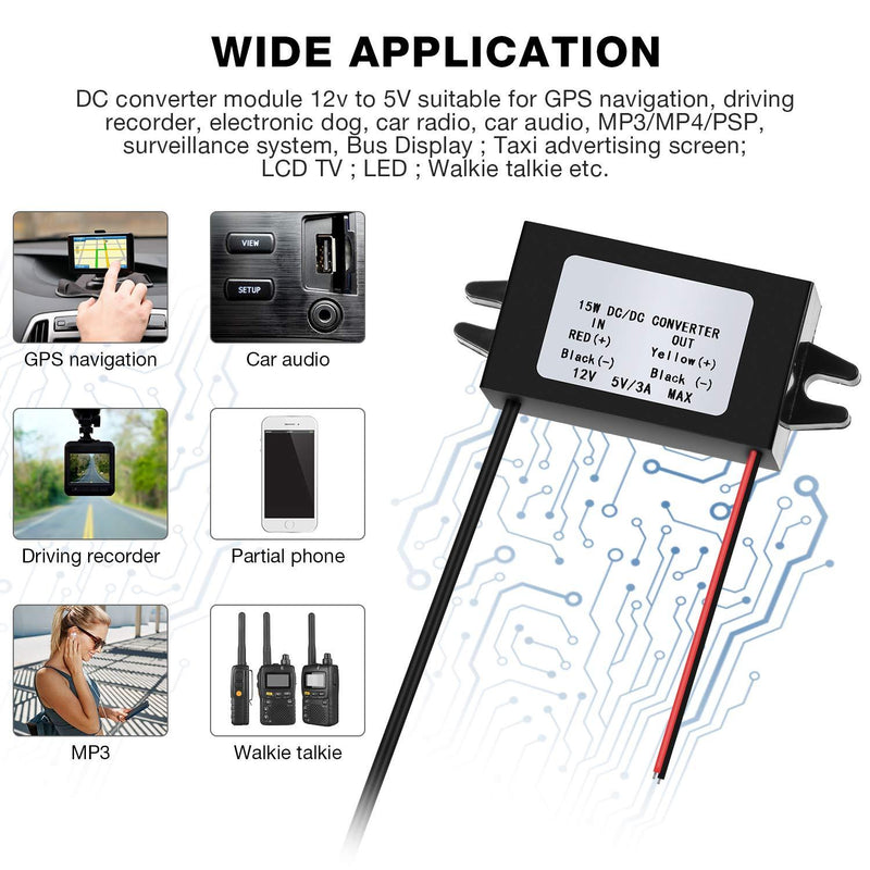 2 Pieces DC Converter 12V to 5V 3A 15W DC Buck Converter Module, DC to DC Reduced Voltage Regulator Car Power Converter Output Power Adapter (Double USB Interface)