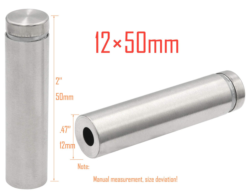 LBY 20pcs Glass Standoff Mount Stainless Steel Wall Standoff,12mm x 50mm(.47''x1.97'') Sign Standoff Screws, Advertising Screws Mounts Glass Acrylic Nail,Stainless Steel Silver