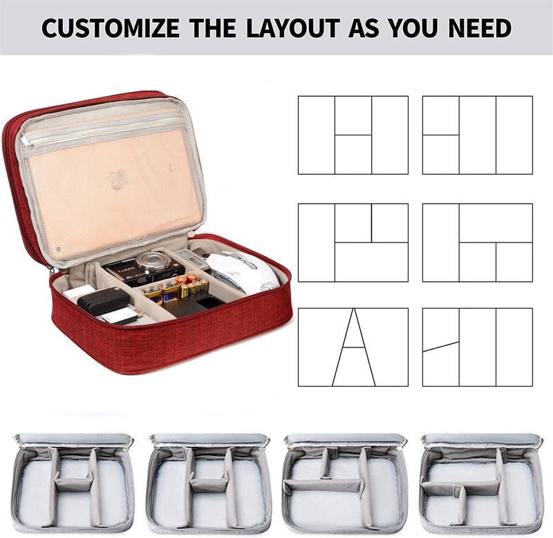 Electronic Organizer Travel Universal Cable Organizer Electronics Accessories Cases for Cable, Charger, Phone, USB, SD Card,1Pack Red Triple Layer /11.02" x 8.27" x 3.94"