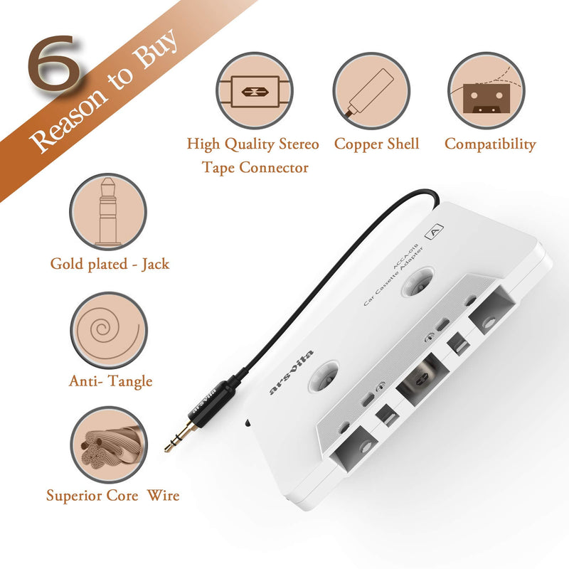 arsvita Car Audio Cassette to Aux Adapter, 3.5 MM Auxillary Cable Tape Adapter White