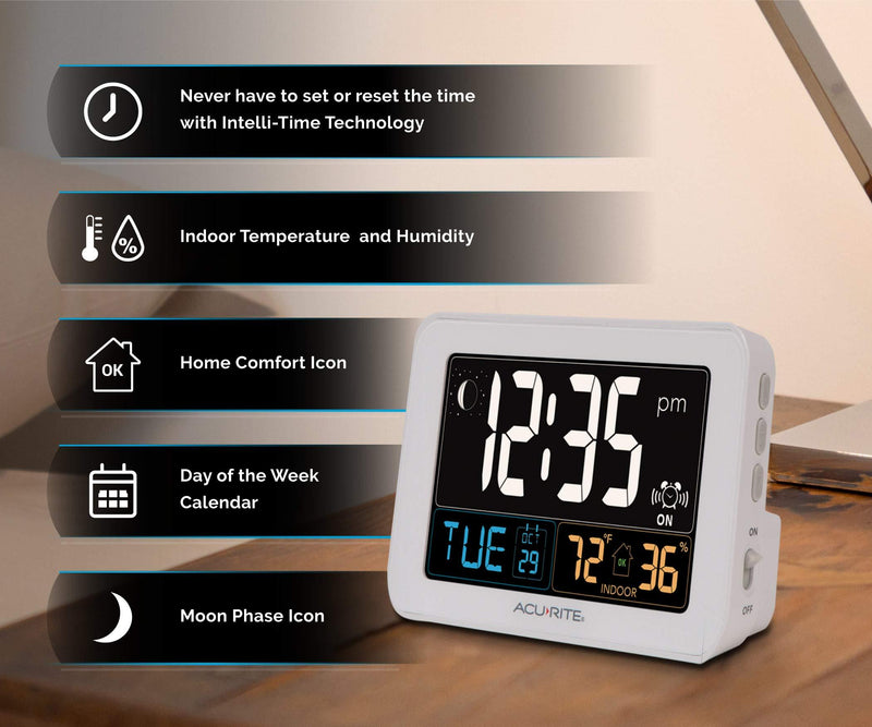 AcuRite Intelli-Time Alarm Clock with USB Charger, Indoor Temperature and Humidity (13040CA), 0.8, White