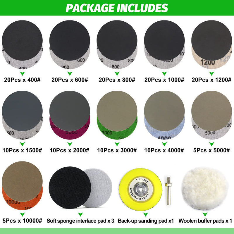 POLIWELL 150 PCS 3 Inch Sanding Discs Silicon Carbide 400-10000 Grits Wet/Dry Hook and Loop Sandpaper for Drill Grinder Rotary Tools with 1/4 in Backing Pad, Wool Pad and 3pcs Soft Foam Pads h-Assortment
