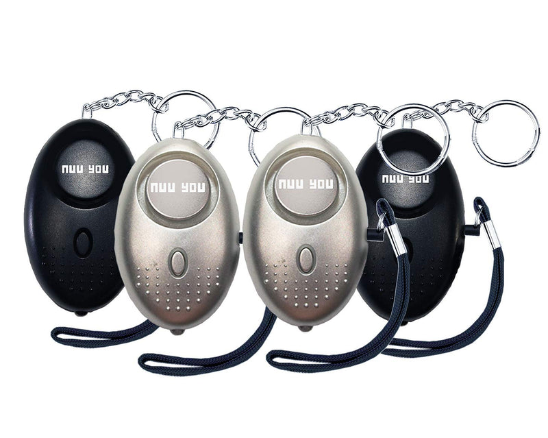 Nuu You Personal Alarms for Woman Siren 140 DB with LED Light (4 Pack) Small Safety Sound Alarm Keychain for Personal Alarm Women/Kids/Girls/Elderly Self Defense Device Policeman Recommend Silver & black