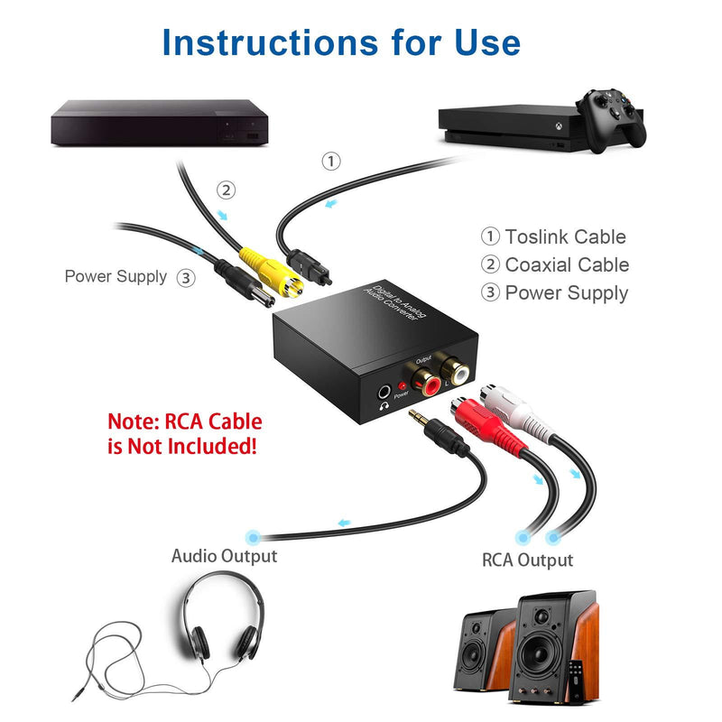 Rybozen 192kHz Digital to Analog Audio Converter,Digital SPDIF Optical (Toslink) to Analog L/R RCA & 3.5mm Jack DAC Converter ,with Optical Cable &Power Adapter, for PS4 Xbox HDTV DVD Headphone