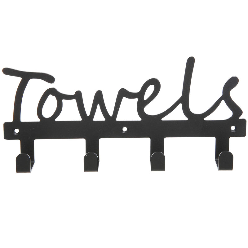 Black Metal Towels Design Wall Mounted Kitchen / Bathroom Storage Organizer Rack w/ 4 Hooks - MyGift