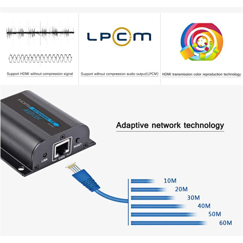 AGPtek LKV372A 60m/190ft 1080P HD HDMI Network Extender Over Single Cat6/6a/7 Ethernet Cable with IR Remote Control