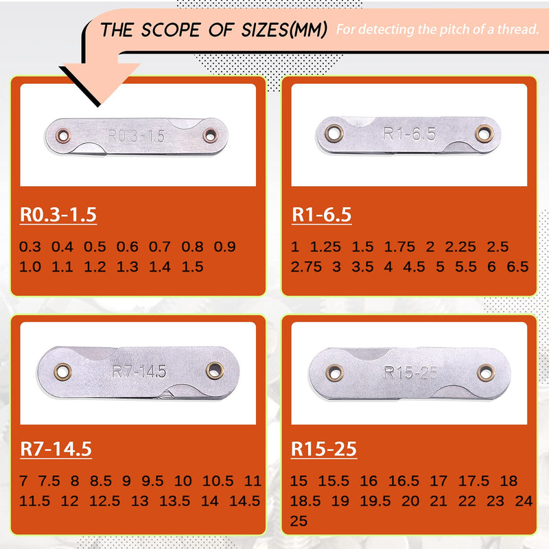 Tanstic 6Pcs Stainless Steel Feeler Gauge and Radius Gauge Set, 5Pcs R0.3-1.5/ R1-6.5/ R7-14.5/ R15-25/ R25-50 Radius Fillet Gauge with 32 Blades 0.04-0.88 mm Metric and Imperial Gap Measuring Tool