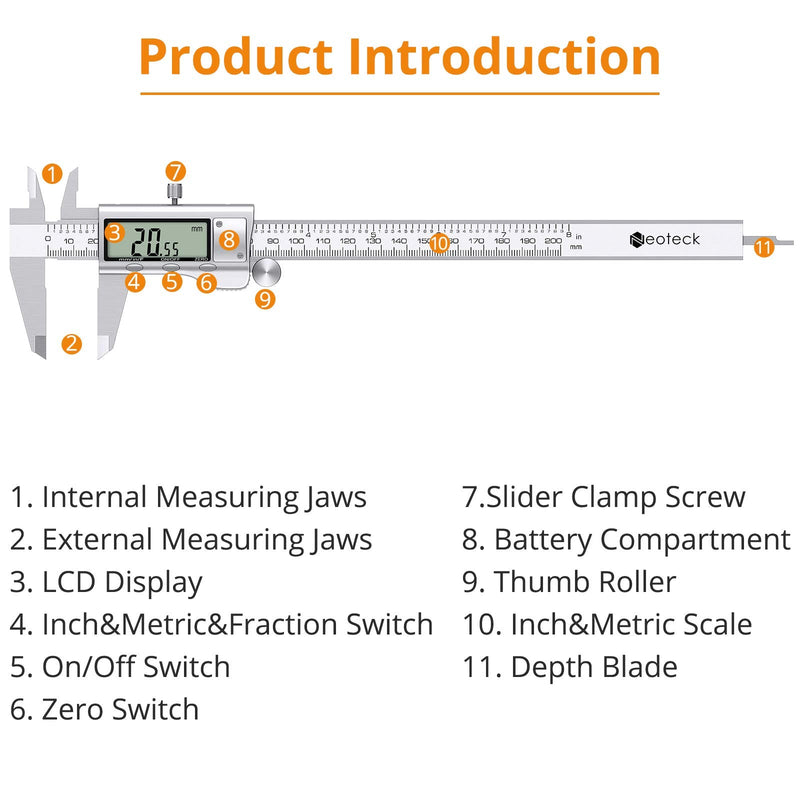 Neoteck 8 inch Digital Caliper and Feeler Gauge Set, Stainless Steel Electronic Vernier Caliper Measuring Tool Fractions/Inch/Metric Conversion Large LCD Screen