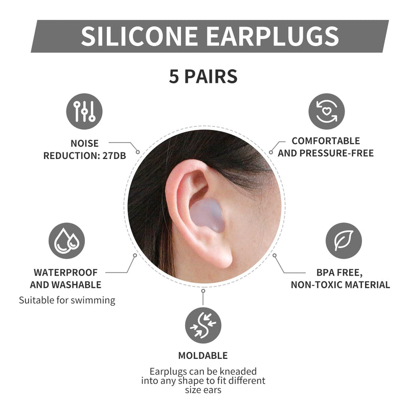 Silicone Moldable Earplugs, 27dB SNR, 5 Pairs, Ear Plugs for Swimming, Sleeping and Reading by Lysian (Transparent Color) Transparent Color