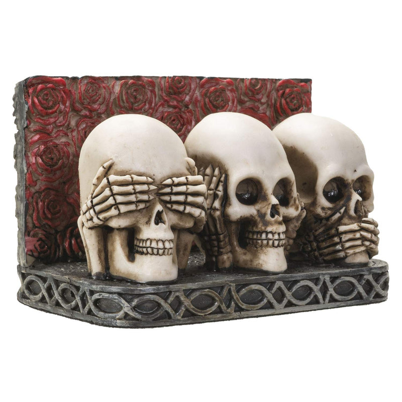 Skull Business Card Holder for Desk, Hand Painted See Hear Speak No Evil Gothic Desktop Name Cards Display Organizer, 3 3/4"L x 2 1/8"H