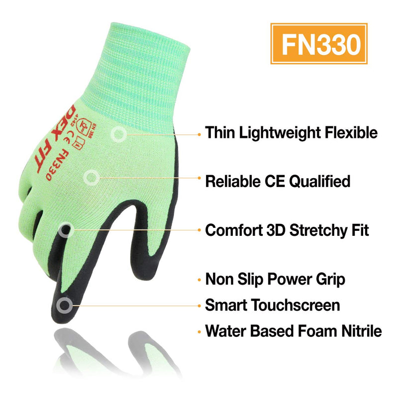 DEX FIT Touchscreen Capable Medium-Duty Nitrile Work Gloves FN330 with Spandex for Strong Grip and Protection; 3D-Comfort Fit Around Hands; All-Purpose Utility Gloves; Lightweight; Machine Washable, Green 9 (L) 3 Pairs Large (3 pairs) Fn330 Green