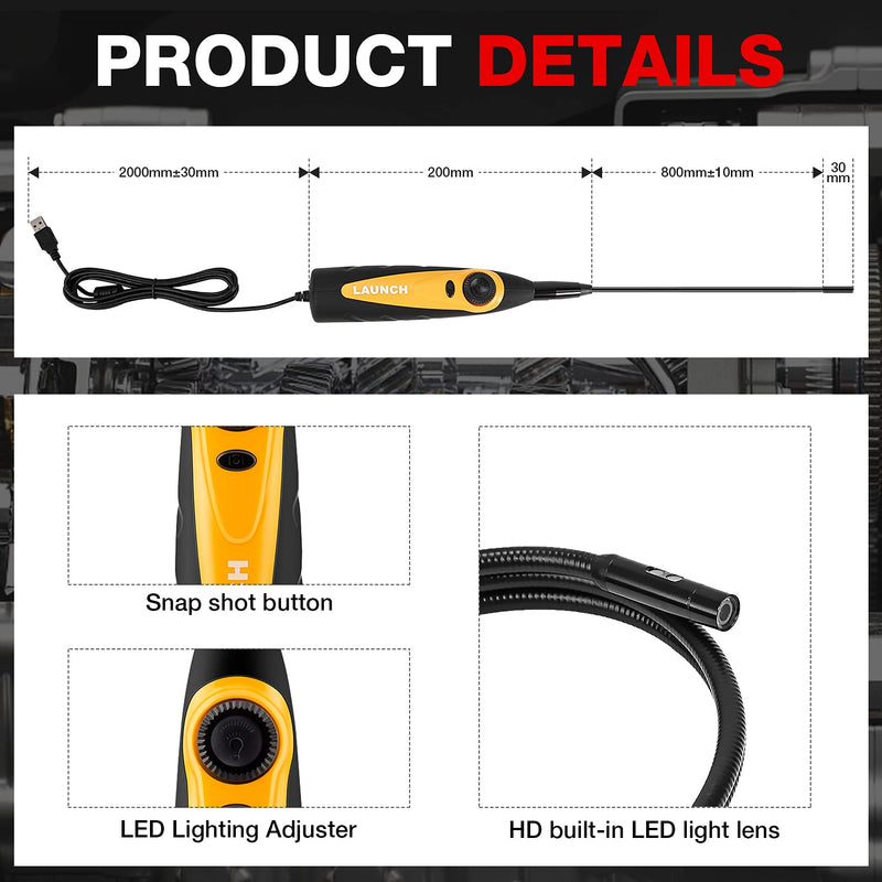 LAUNCH Tech VSP-600 USB Endoscope, 0.21 Inch Snake IP67 Waterproof HD Videoscope Borescope, Suitable for X431 V PRO3S+ Scanner & Android Phone, with 6 Adjustable LED Lights