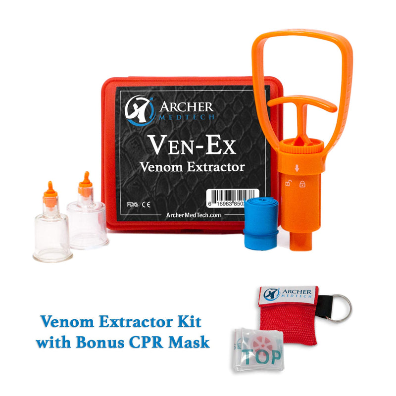 Ven-Ex Snake Bite Kit, Bee Sting Kit, Venom Extractor Suction Pump, Bite and Sting First Aid for Hiking, Backpacking and Camping. Includes Bonus CPR face Shield by Archer MedTech.