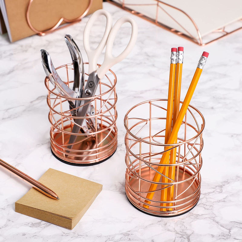 Juvale 2-Pack Rose Gold Metal Wire Makeup Brush Pencil Holders, 3.5 x 3.5 x 4 Inches