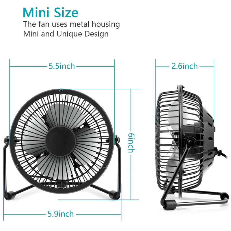 4 Inch Small USB Desk Fan, Mini Quiet Fan with Metal Construction & Strong Airflow & 360Â°Adjustable Tilt Angle, Personal Cooling Fan for Desktop Office (Black) Black